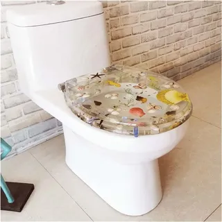 Toilettendeckel aus transparentem Muschelharz, 3D-Toilettendeckel aus echter Blumenschale und Sand, mit verstellbarem Edelstahlscharnier, für O/V/U-förmige Toilette (Farbe: Klar)