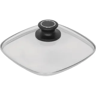 Eckiger AMT Gastroguss Glasdeckel mit Deckelknopf und AMT-Original-Banderole, 28 x 28 cm, passend für AMT Gastroguss Produkte (Eckpfannen), AMZN-E28-Z1-L2