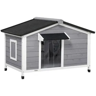 PawHut Hundehütte aus Holz, Hundehaus mit zu öffnendem Asphaltdach grau, weiß 109L x 79B x 72H cm