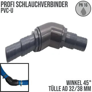 32 / 38 mm PVC PROFI Winkel 45° Schlauch Verbinder Stutzen Tülle Pool Teich Gart...