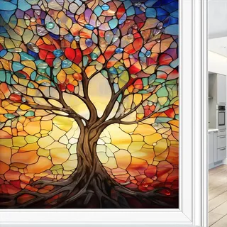 Bunte Bäume Buntglas Fensterfolie Rustikale Abstrakte Pflanzen Bilder Fenster Sichtschutzfolie Nicht Klebende Glasfolie Dekorative Statische Frischhaltefolie für Home Office 70 * 100CM