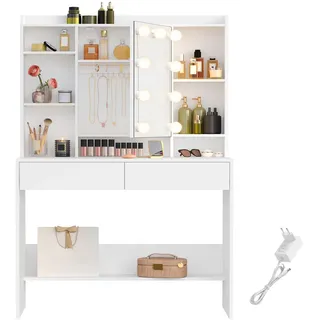 VASAGLE Schminktisch mit Beleuchtung, einstellbare Helligkeit, Frisiertisch mit Spiegel, Kosmetiktisch mit verstellbaren Ablagen, 2 Schubladen, modern, wolkenweiß RDT126W01