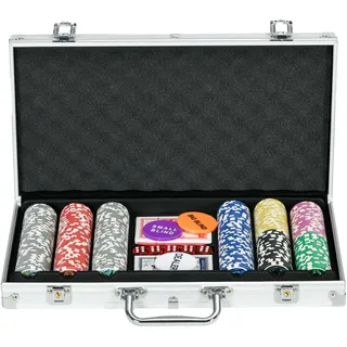 sportnow Pokerkoffer Set, 300 Pokerchips 11,5 Gramm, Pokerset mit Schloss, 2 Pokerdecks, 5 Würfel, 1 Dealer Button, 1 Small Blind,1 Big Blind, Silber