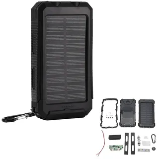 Solar Powerbank 10000 mAh - Outdoor Ladegerät mit Solarlade für Camping, tragbar Handy-Ladegerät, integrierte Taschenlampe und Kompass (Schwarz)