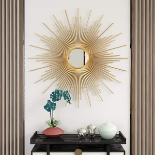 SYLUOQP Deko Spiegel Gold Sonne, 60cm/70cm/80cm Großer Runder Starburst Dekorativer Wandspiegel, Wandrahmenspiegel Wanddeko Wanddekoration Dekoration Sonne Strahlen Licht,60cm