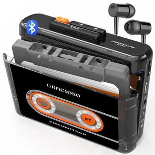 Gracioso Kassettenband, Bluetooth-Kassettenrekorder mit 1100 mAh wiederaufladbarem Akku, kompakter Vintage-Kassettenrekorder mit Kopfhörer, Mini-Kassettenrekorder mit Clip (Schwarz)