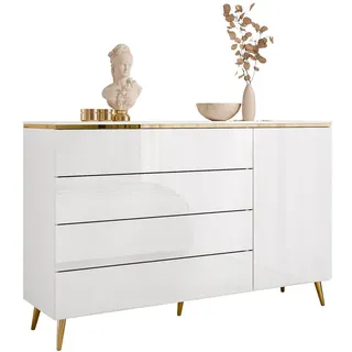 Lookway Kommode, Weiß Hochglanz, Holzwerkstoff, Uni, 4 Schubladen, Rechteckig, rund, 140x90x40 cm, Wohnzimmer, Kommoden & Sideboards, Kommoden