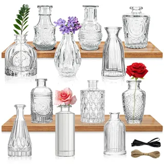 YUTUY Kleine Glasvase Set, 12 St., Vintage Deko, Mini Vasen, Tischvase, Blumenvase, Rund, Transparent, für Tischdeko, Hochzeitsdekorationen, Zuhause, Cafés, Gärten, Diffusor, frische/künstliche Blumen