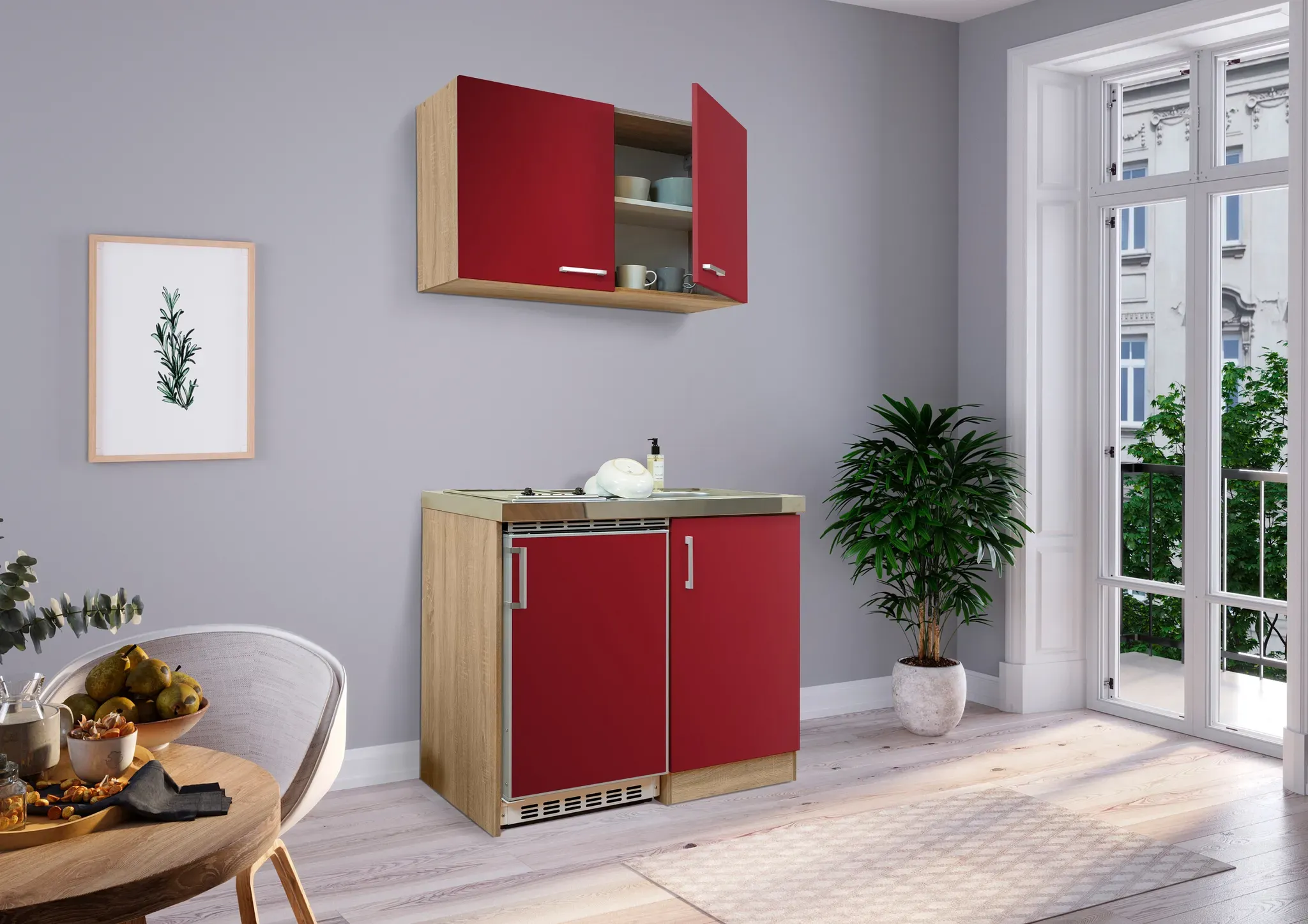 Küche Miniküche Singleküche Küchenzeile Pantry Eiche  Rot Levin 100 cm Respekta