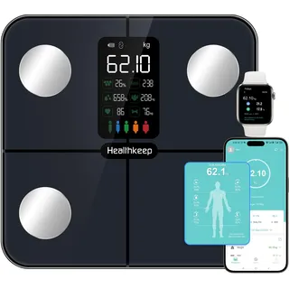 HEALTHKEEP Waage mit Körperfett und Muskelmasse - Körperfettwaage Personenwaage mit 15 Körperdaten Messwerten(Herzfrequenz, BMI), Digital Testsieger mit APP für iOS und Android
