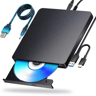 aelrsoch Externes Blu-Ray-Laufwerk-Player, Lese-/Schreib-kompatibler Bluray-Brenner USB 3.0/Typ-C BD/DVD/CD-Brenner Blu-Ray-Player für PC, Windows 7-11 und Mac (schwarz)