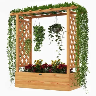 Goplus Hochbeet mit Rankgitter, Blumenkasten mit hängendem Dach & Ablauflöchern, Pflanzkasten Rankhilfe Pflanzkübel für Garten, Terrasse, Hof 100 x 44 x 113,5 cm)