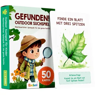 edubini GEFUNDEN! Outdoor Suchspiel für Kinder ab 4 Jahren - [50 Karten] - Outdoor Spiele für Draußen, Schatzsuche, Garten, Spaziergänge & Wald - Reisespiele Geschenk für Jungen & Mädchen