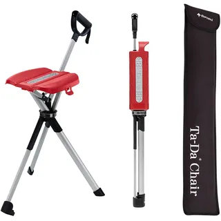 TA-Da Chair Serie 2 - Gehstock mit Sitz, ultraleichter Aluminiumrahmen & robuster Klapphocker (bis 136 kg) zusammenklappbares Design, ideal für Wanderungen und Outdoor-Aktivitäten (rot, M (87 cm))