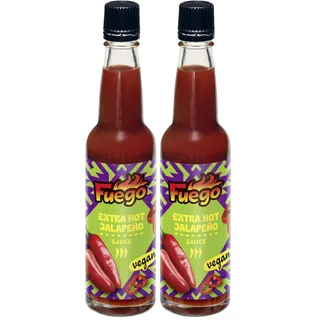 Fuego - Jalapeño Sauce Extra HOT | Extraschärfe zum Verfeinern von Fleisch, Gemüse | Zum Würzen von Saucen und Dips | Vegan, ohne Geschmacksverstärker | 100 ml in der Glasflasche (Packung mit 2)