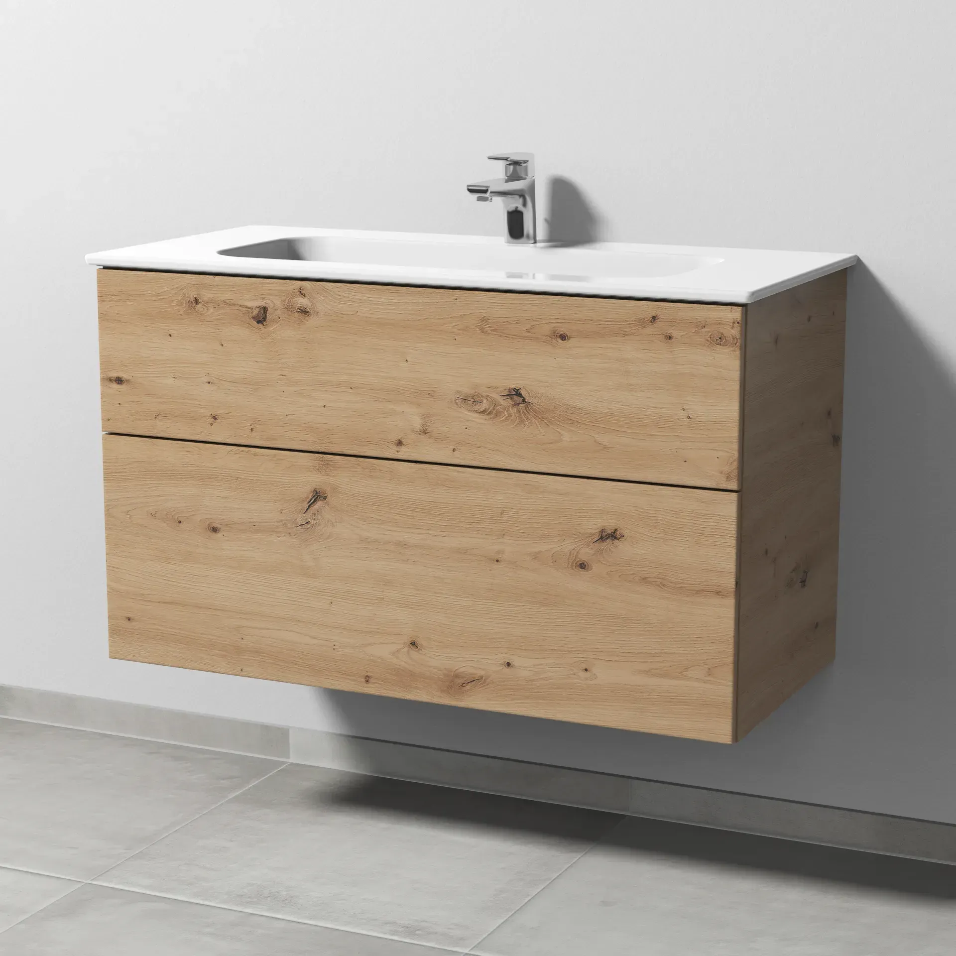 Keramik-Waschtisch-Set mit Waschtischunterschrank „3way“ 97 × 46 × 58,2 cm in Eiche Natural-Touch, mit Hahnlochbohrung, Becken mittig