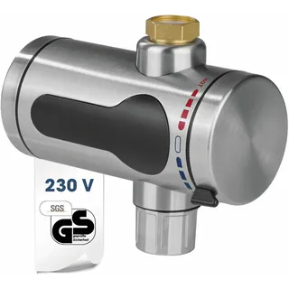 MAXXMEE elektrischer Edelstahl Durchlauferhitzer kompakt | sofort warmes Wasser im Außenbereich | Wasserhahn für Garten, Garage, Outdoor Dusche, Werkstatt, Camping, Wohnwagen u. v. m. | 220–240 V