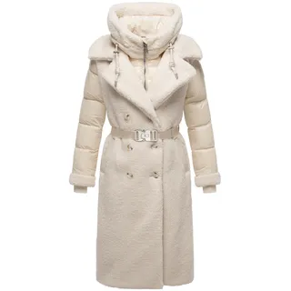 Navahoo Damen Langer Materialmix-Wintermantel warmer Plüschmantel aus angesagtem Materialmix und herausnehmbarem Einsatz mit Kapuze Kuscheltraum 14 Offwhite Gr.