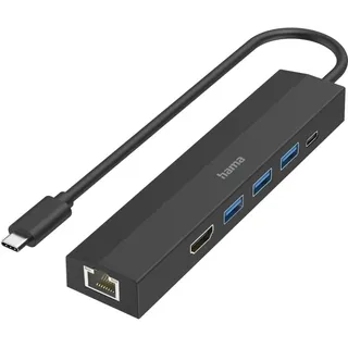 Hama USB-C-Hub Multiport 6 Ports 3x USB-A, USB-C, HDMI, LAN, Ethernet, für Maus, Tastatur, Monitor, Netzwerk etc., bis zu 5 Gbps, Ultra HD-fähig Schwarz