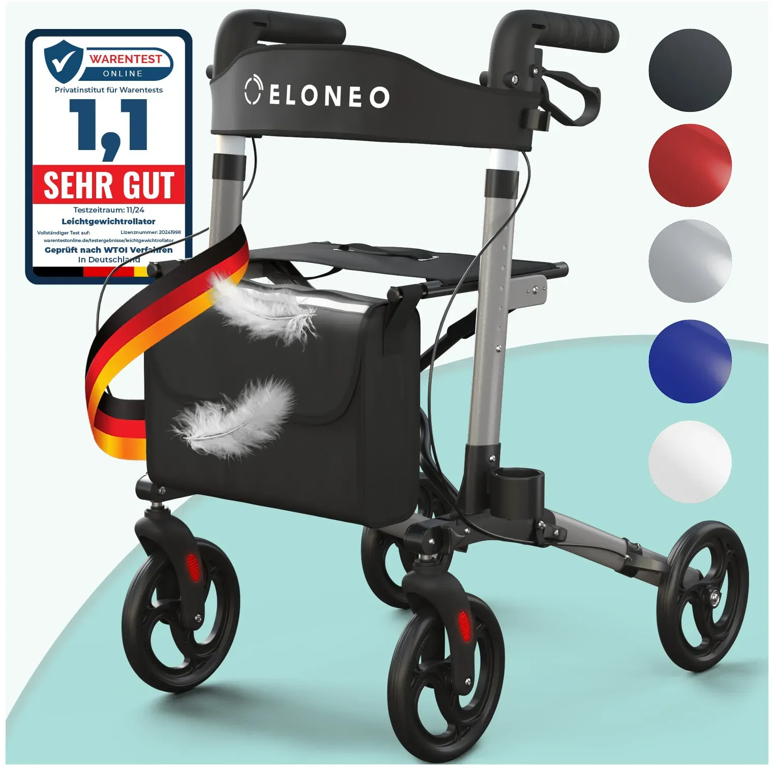ELONEO Rollator faltbar und leicht mit Sitz, Leichtgewicht-Reiserollator aus Aluminium, Gehhilfe 8-fach höhenverstellbar, Laufhilfe 3-fach faltbar für Kofferraum, Tasche & Schirmhalter Silber