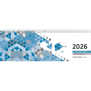 Zettler Tischquerkalender blau 2026 - 29,6x9,9 cm - 1 Woche auf 2 Seiten - Stundeneinteilung 7 - 19 Uhr - inkl. Jahresübersicht - Bürokalender - 116-0015
