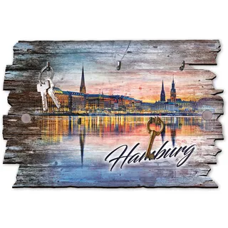 Kreative Feder Hamburg Hafen Designer Schlüsselbrett, Hakenleiste im Landhaus-Stil, Shabby-Chic aus Holz 30x20cm (Hamburg Hafen)