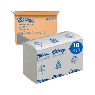 Kleenex Falthandtuch 24,1x19,1cm weiß 4633 MultiFold 2-lagig, Z-Falz, 24,1 x 19,1 cm, Cleveres Mehrfach-Design für ein reißfestes Entnehmen einzelner Papiertücher, 1 Karton à 18 150 Tücher