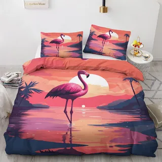 Sommer Bettwäsche 135x200 Flamingo - Sonnenuntergang Meer Bettbezug, Bettwäsche-Sets 2 teilig, Weich & Bügelfrei Mikrofaser Wendebettwäsche und 1 Kissenbezug 80x80 mit Reißverschlus M2-&-189