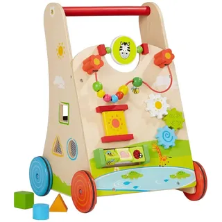 Solini Lauflernwagen aus Holz - Baby Lauflernhilfe mit Motorikschleife & Drehspiel - Holzspielzeug für Kinder ab 18 Monate - natur/bunt