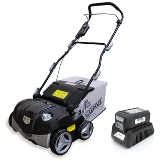 Mr. Gardener - 40V Akku Vertikutierer Rasenlüfter bürstenloser Motor "4038-2 Li" - inkl. 2,5 Ah Li-Ionen Akku und Ladegerät - 38 cm Arbeitsbreite - Messerwalze + Lüfterwalze - 5 Stufen Höhe
