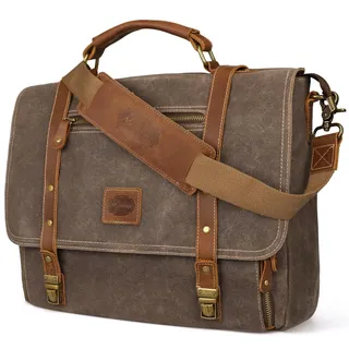 Manificent Laptop-Kuriertasche für Herren, 39,6 cm, wasserdicht, Vintage, echtes Leder, Aktentasche, Schultertasche, 16 Aufbewahrungstaschen, gewachstes Segeltuch, Computer-Arbeitstasche (braun)