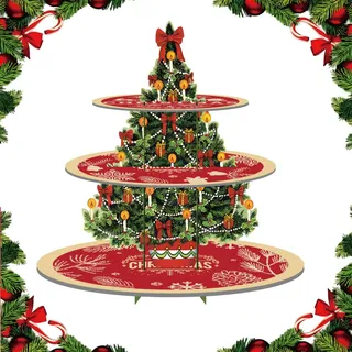 Weihnachten Cupcake Ständer, Cupcake Ständer Set, Weihnachten Tortenständer, Weihnachtsbaum Dessertständer, Tortenständer aus Karton mit 3 Etagen, Weihnachtskuchenturm Pappe, Brötchen Gebäck Ständer