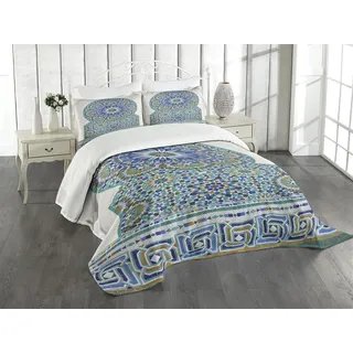 ABAKUHAUS marokkanisch Tagesdecke Set, Eastern-Keramik-Fliese, Set mit Kissenbezug farbfester Digitaldruck, für Einzelbetten 170 x 220 cm, Blasser Kaffee Türkis Blau