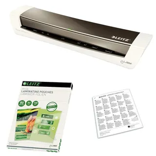 Leitz iLAM Set A3 Laminiergerät, Für 80 bis 125 mic Laminierfolien, 74400089 + Heißlaminierfolien A4 80 mic im 100er Pack, 33818 + Premium A3/A4-Reinigungsblätter für Laminiergeräte 5er-Pack, 72550000