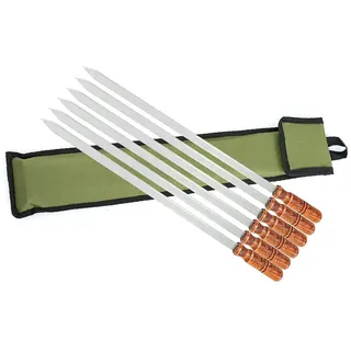 BEM ADANA Premium Edelstahl Grillspieße für Kebab, Schaschlik und Fleisch, 6 Stück, 60 cm lang mit Holzgriffen und Aufbewahrungstasche