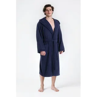 bruno banani Herrenbademantel Clement, ideal für Sauna & Spa, Hotelbademantel, Morgenmantel, Langform, Walkfrottier, Kapuze, Gürtel, 100% Baumwolle, einfarbig, glänzende Streifen-Bordüre, Taschen, S-4XL blau XXL