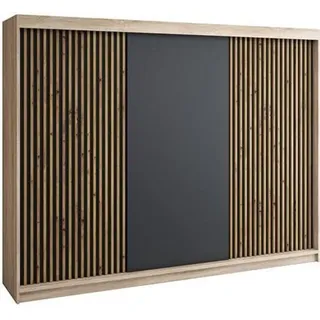 mebloland Schwebetürenschrank, 3-türig Schrank mit 4 Schubladen, und 3D-Lamellen. Verschiedene Farben (Weiß, Schwarz, Somona) Kleiderschrank IOSA 200 cm