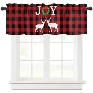 Surwin Bistrogardine Coffee Break Scheibengardine Küchengardine mit Rote Weihnachten Motiven, Kurzgardine Wohnzimmer Landhaus Càfe Gardinen Moderne Kurz Vorhang (137x45cm,rot und grün kariert)