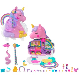 POLLY POCKET HMX18 - Mini-Spielzeug, Regenbogen-Einhorn-Salon-Styling-Kopf und Schatullen-Spielset mit 2 kleinen Puppen, 25 Zubehörteilen und beweglichen Spielelementen, Puppen Spielzeug ab 4 Jahren