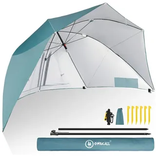 HOMECALL Strandmuschel mit umbrella system UV-resistentes 50+ Khaki, Umfunktionieren zum Sonnenschirm Strandschirm, für 2-3 Personen blau