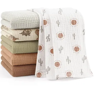 Bearmoss Moltontücher Baby 100% Baumwolle Weiche Spucktücher Baby,Atmungsaktiv und Extrem Saugfähig Musselin Tuch für Saugstark Mulltücher 6er 60x60 cm (Braun-Grün)