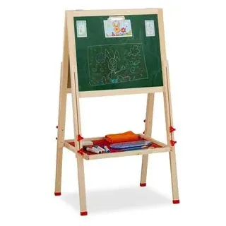 Relaxdays Standtafel Kinder, Whiteboard und Kreidetafel, höhenverstellbar, Aufsteller Holz, 102-135 x 55 x 52 cm, natur,