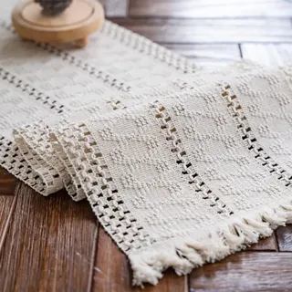 Weldomcor Beige Makramee Tischläufer Boho Baumwollflachs Tischläufer mit Quasten, Rechteckige Häkelspitze Mesh Tischdecke für Küche Vintage Bauernhaus böhmische Hochzeit Tabletop Dekor, 30x90cm