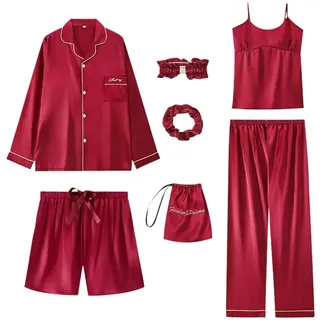 Rojeam Damen Nachtwäsche Set 7 Stücke Satin Schlafanzug Set Frauen Schlafanzug Bequeme Loungewear Satin Sleepwear Hosensets - M