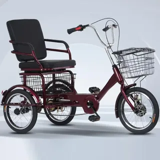 DSeenLeap 16-Zoll-Rikscha-Dreirad für Erwachsene, Trike für Senioren, bequemer Sitz in Sofaform aus Schaumstoff mit Armlehne, 3-Rad-Fahrrad, Trike, Speichenräder mit Luftreifen (weinrot, 16 Zoll)