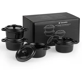 Navaris Mini Cocotte - Vielseitige Mini Auflaufform mit Deckel ofenfest - 4er Set - Souffle Förmchen - Ideal für Lasagne, Pudding, Omelettes, Suppen - Keramik - Schwarz