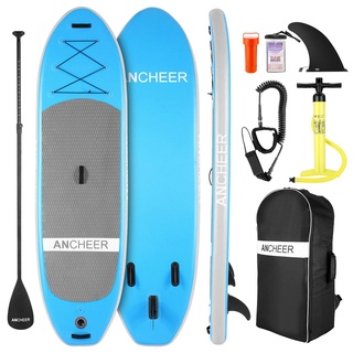 Ancheer Aufblasbares Stand Up Paddle Board mit Komplett SUP Zubehör, Rucksack, Leine, verstellbarem Paddel und Handpumpe, Bodenflosse, wasserdichter Tasche, Reparaturset, Himmelblau, 305 x 81 x 15 cm