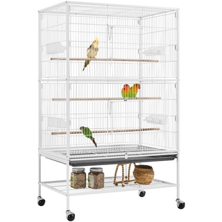 Yaheetech Vogelkäfig mit ständer, Vogelvoliere mit 3 Holzstangen und 4 Futternäpfen, Wellensittich Käfig mit 4 Rollen, Voliere für Papageien, 52 x