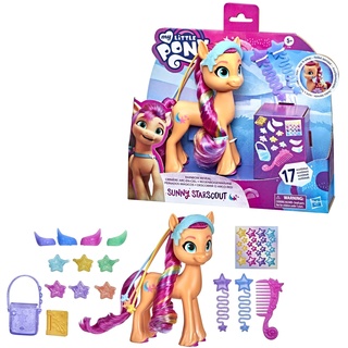 My Little Pony MLP Rainbow Reveal Sunny Starscout – 15 cm große, orangefarbene Ponyfigur mit Regenbogen-Zopf und 17 Accessoires