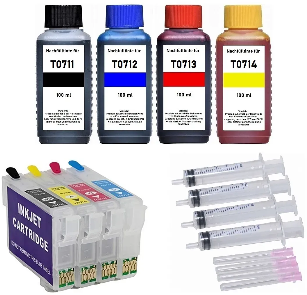 Wiederbefüllbare Tintenpatronen wie Epson T0711-T0714 + 400 ml Nachfülltinte